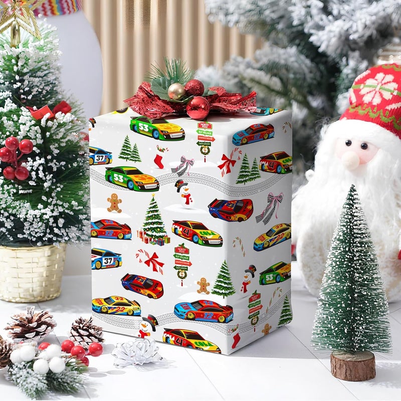 ZINTBIAL Race Car Christmas Wrapping Paper - Xmas Gift Wrap with Holiday Trees, Gingerbread Men, Snowflakes & Snowmen Design- Perfect for Kids & Adults Gift Wrapping - 40×28 Inches, 4 Folded Sheets - Image 4